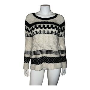 American Eagle Women Black & White Striped Chunky Cable Knit Sweater Medium EUC